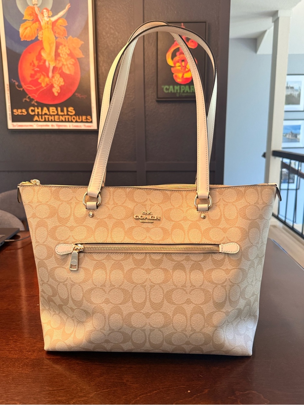 Coach Gallery Beige Signature Tote with Cream Trim - Picture 2 of 13